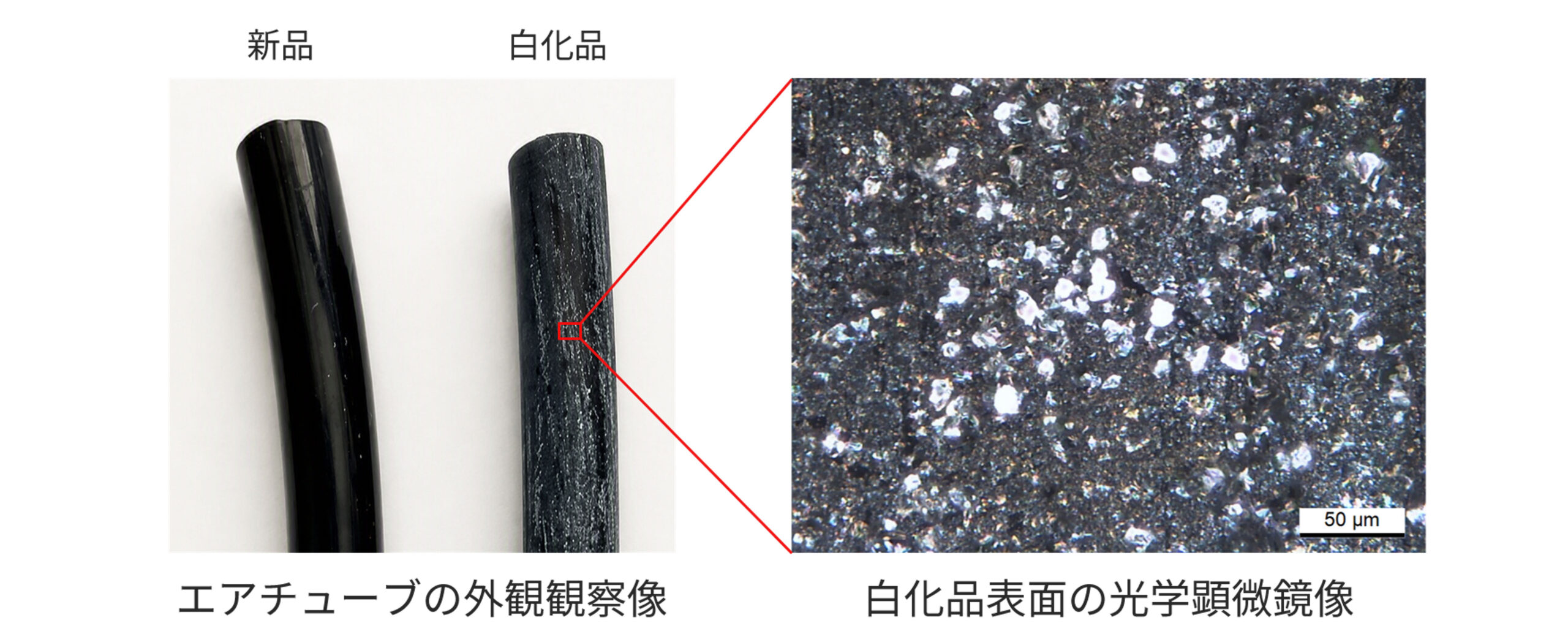 エアチューブ外観と白化品表面の光学顕微鏡像　軟質ナイロン製エアチューブの白化原因調査